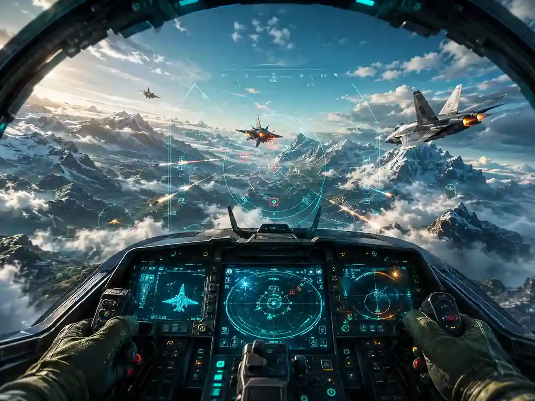 Cockpit view during an aerial battle over mountains