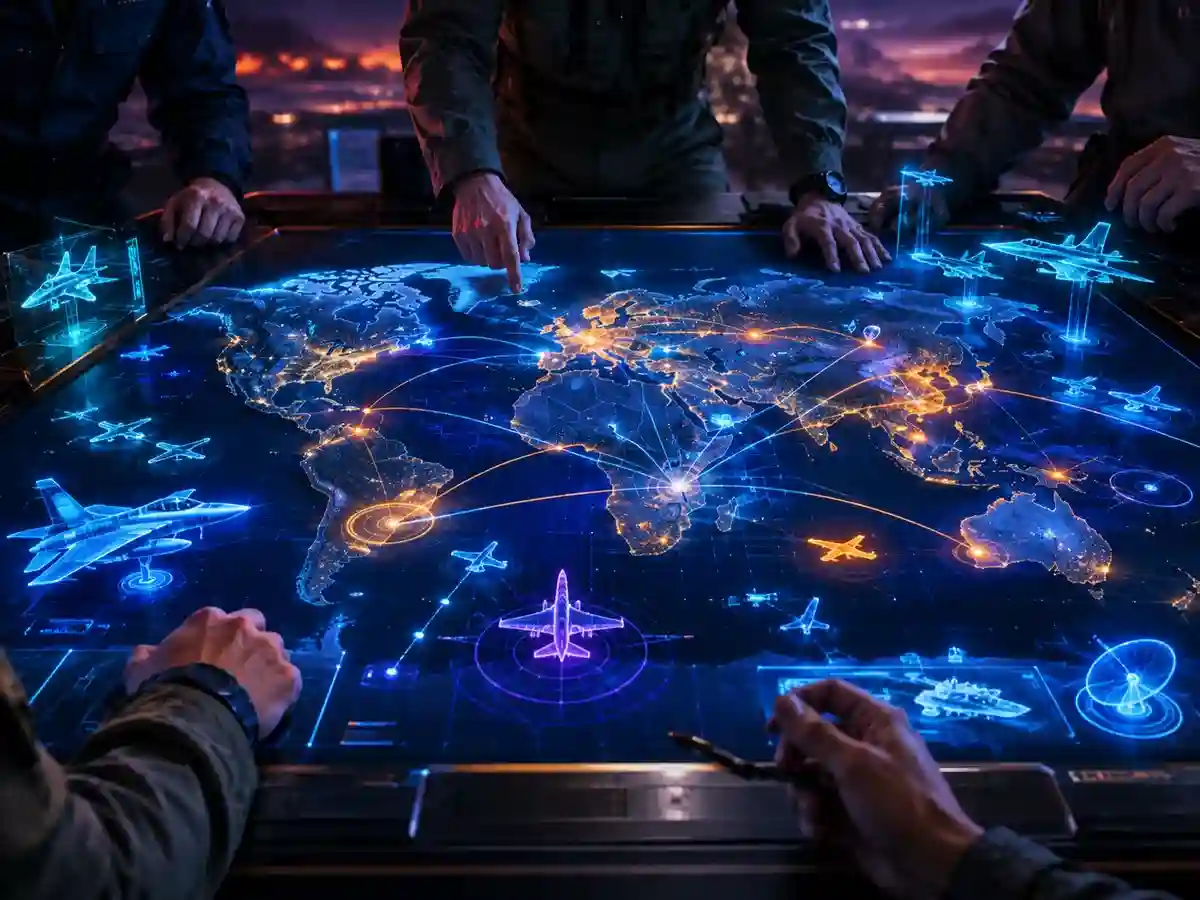 Futuristic command table with global mission routes