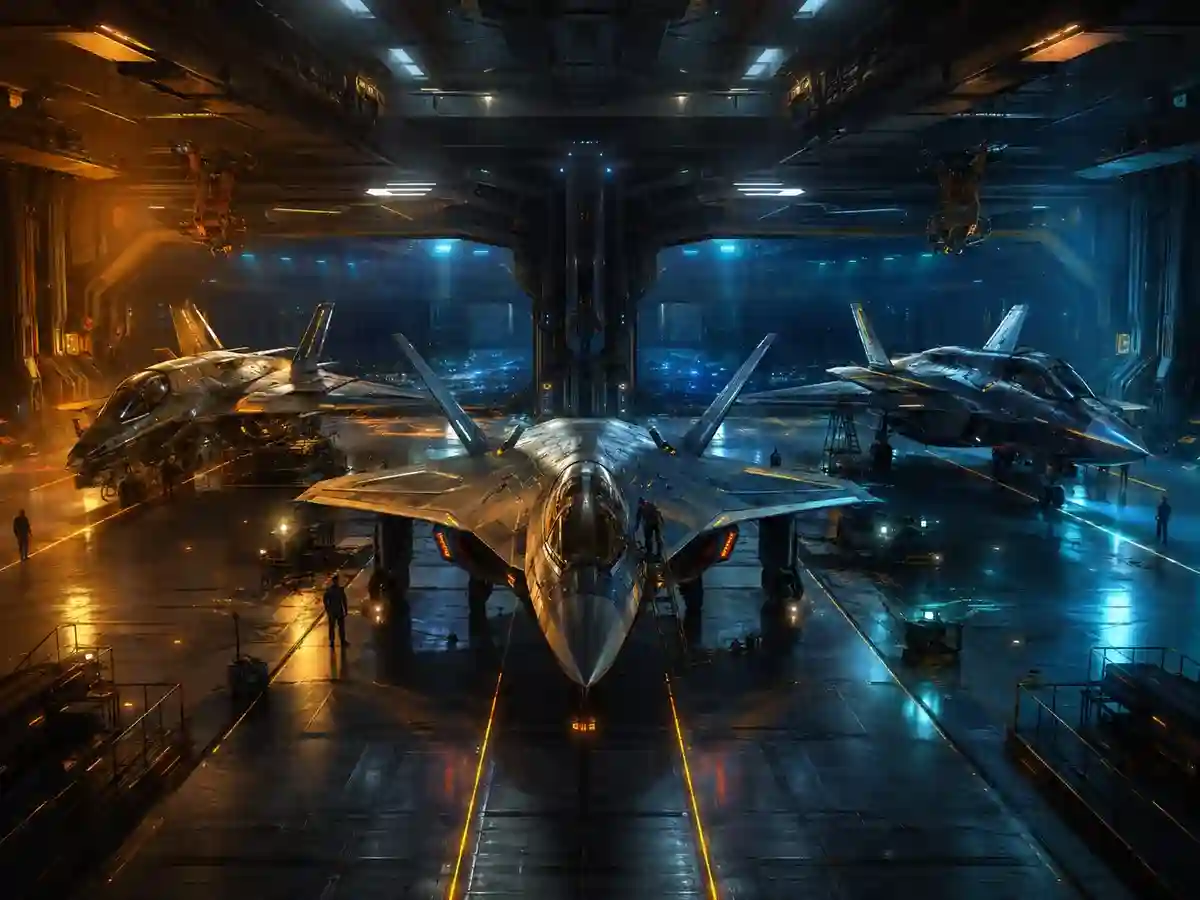Three futuristic aircraft inside a dramatic maintenance hangar