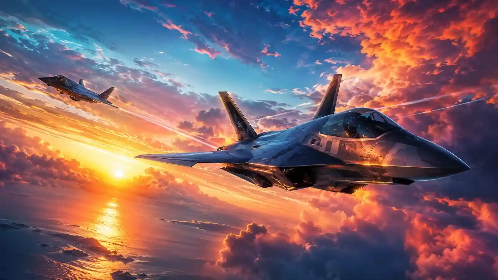 Two futuristic fighter aircraft flying through vivid sunset clouds